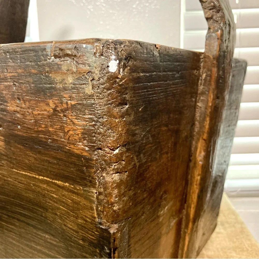 Big Wooden Rice Basket Bucket Rustic Distressed Farmhouse Decor
